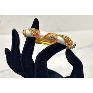 Pauline Rader Bracelet White Enamel Gold Tone Faux Turquoise Vintage Signed